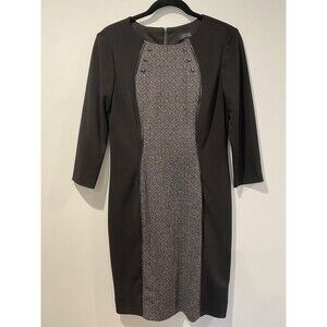 Tahari Dress Womens 6 Black Lined 3/4 Sleeve Midi Stretch Workwear Academia